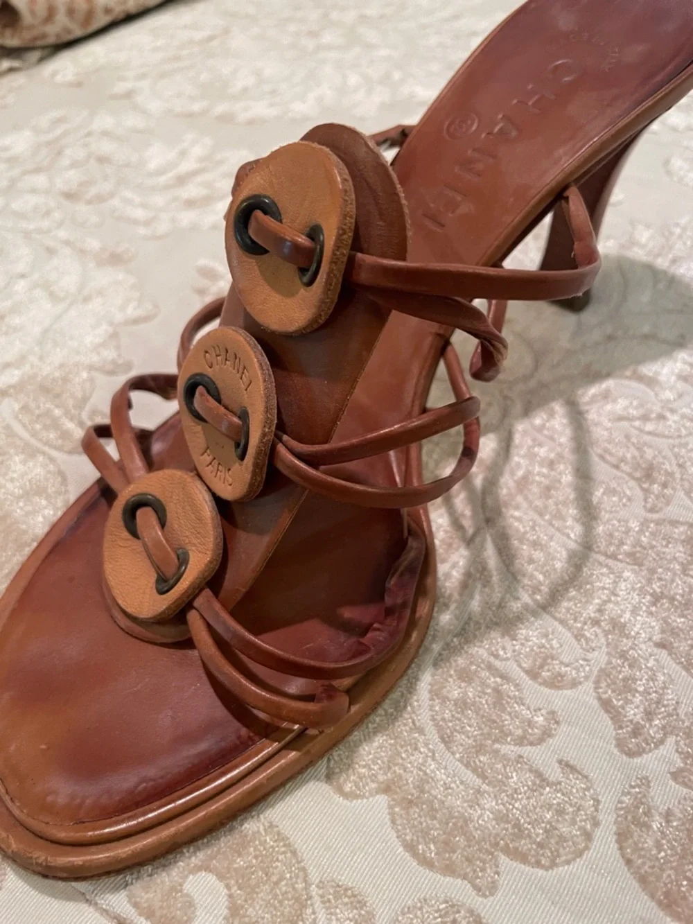 CHANEL Brown Leather Strappy Slide Heels with Decorative Buttons
